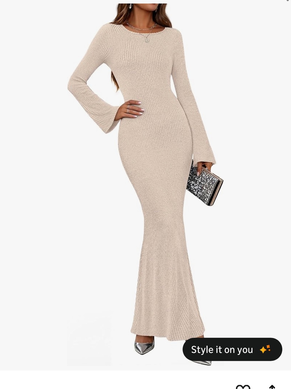 Neutral Ribbed Knit Maxi Dress with Flared Sleeves